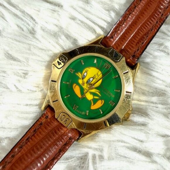 Warner Bros. Accessories - Vintage Warner Bros Tweety Bird Green Face Water Resistant Genuine Leather Watch